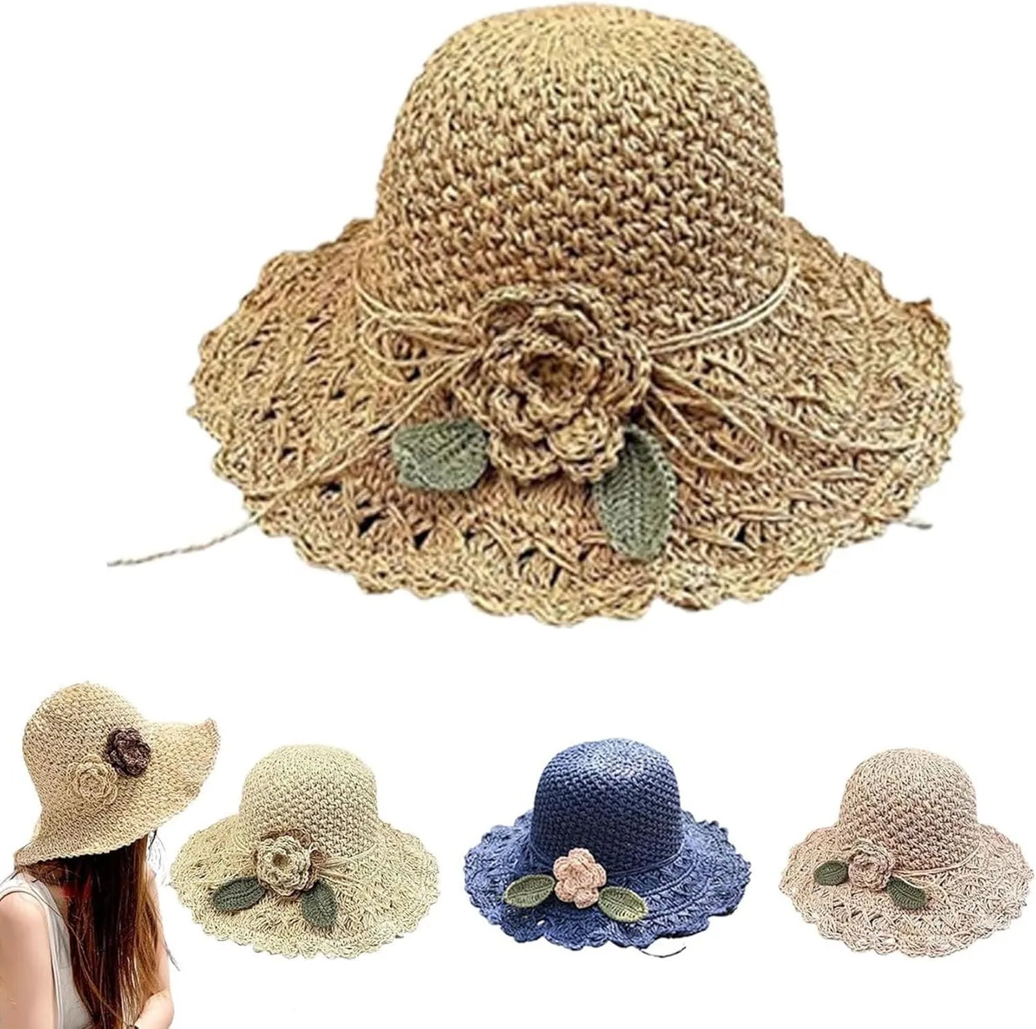 2024 New Elegant Crochet Straw Hat with Ruffle Detail,Beach Straw Bucket Hat Foldable, Straw Sun Hat for Women