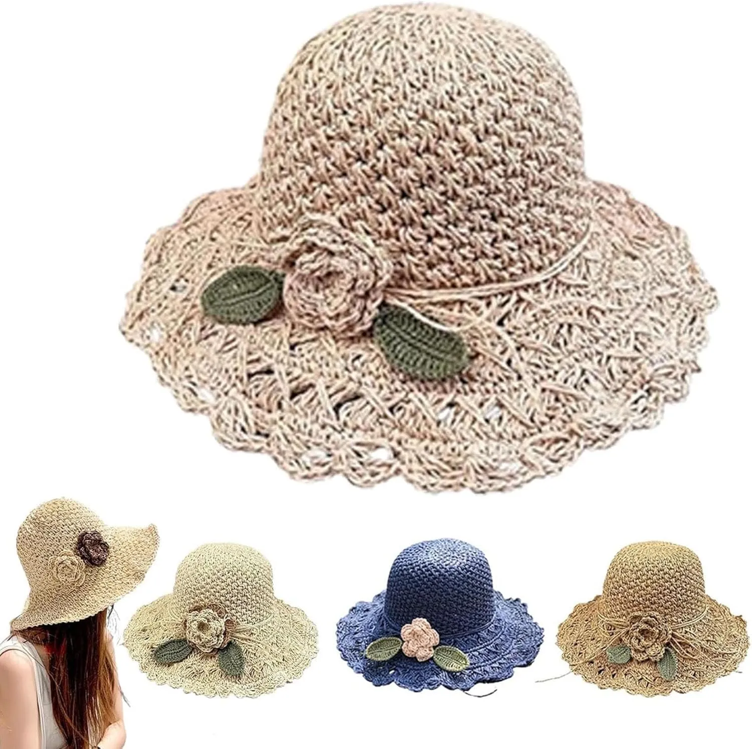 2024 New Elegant Crochet Straw Hat with Ruffle Detail,Beach Straw Bucket Hat Foldable, Straw Sun Hat for Women