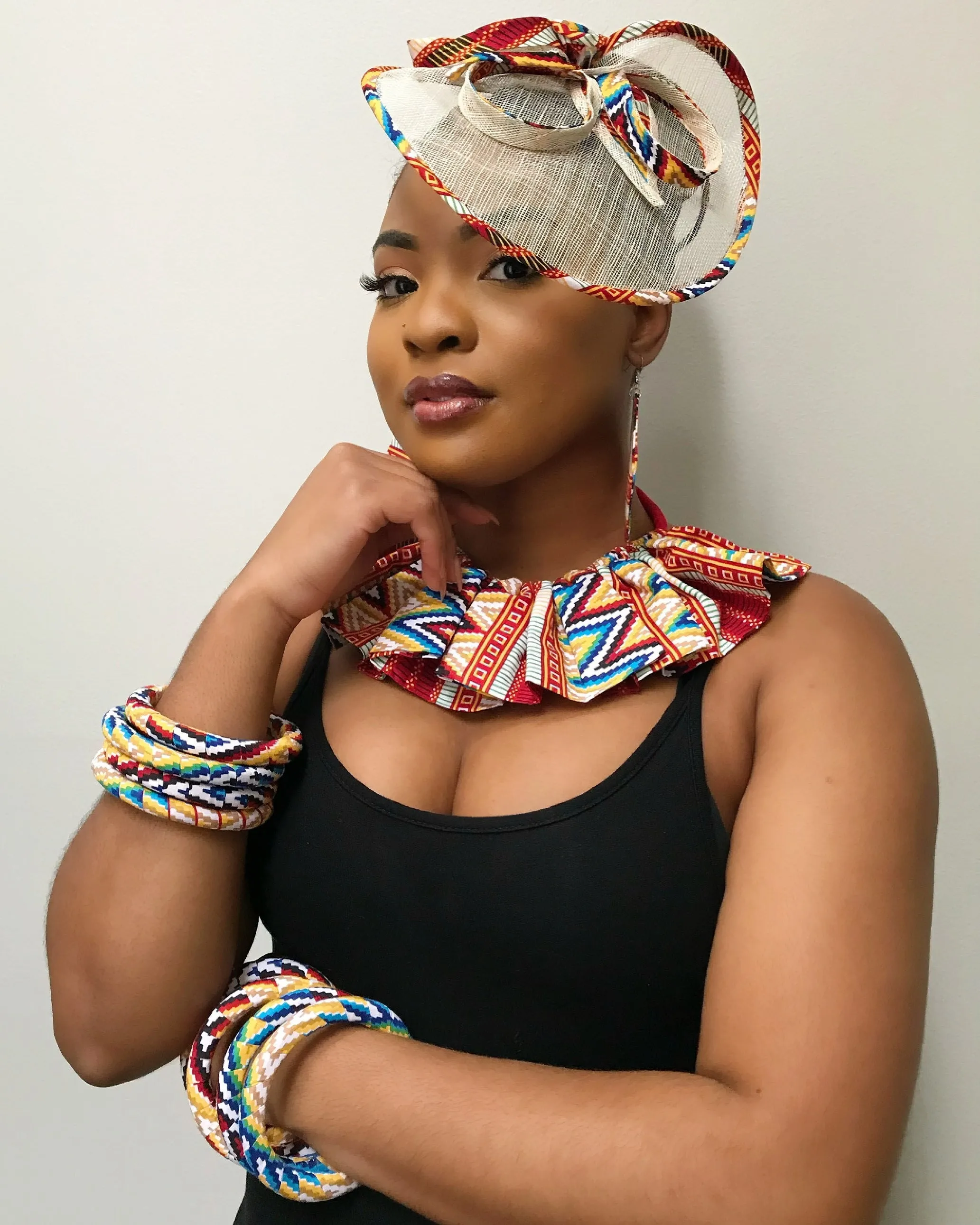 African Print Fascinator Hair Clip Hat - Red / Blue