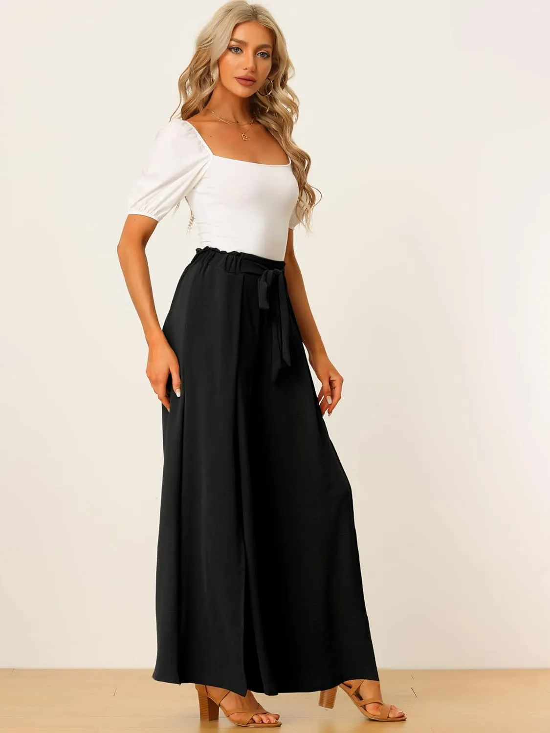 Allegra K Women's High Slit Hem High Waist Casual Wide Leg Long Palazzo Pants
