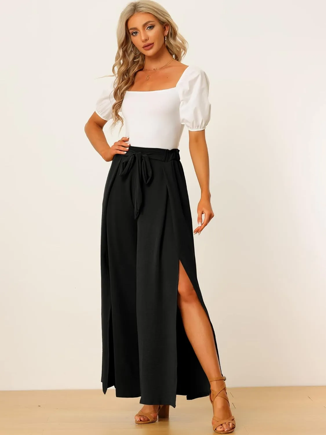 Allegra K Women's High Slit Hem High Waist Casual Wide Leg Long Palazzo Pants