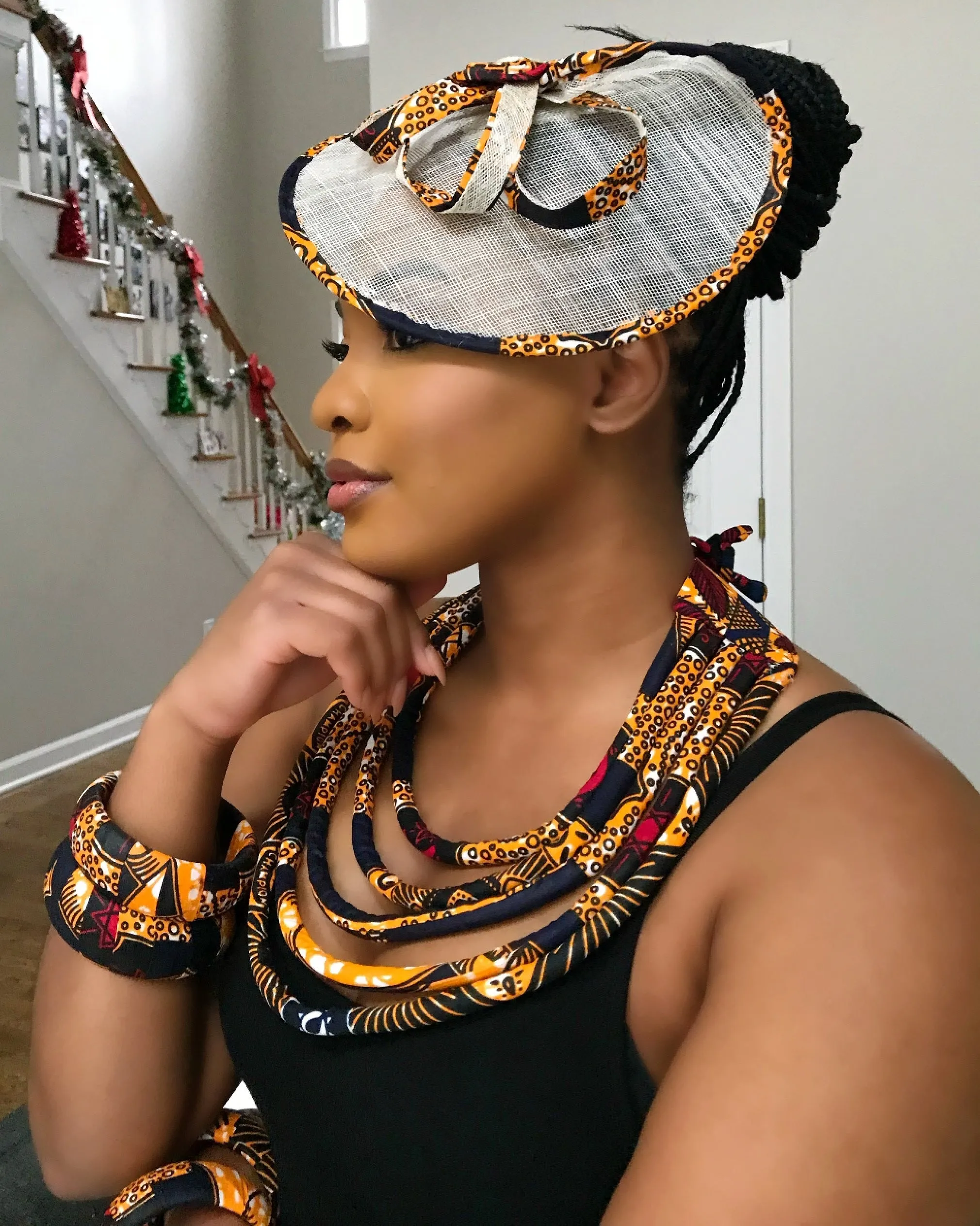 Bessa African Print Fascinator Hat - Navy blue / Orange
