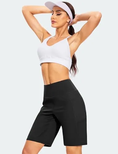 Blouty Women's 9" Bermuda Long Shorts with Pockets High Waisted Knee Length Shorts for Women Workout Athletic Casual (White Leaf, Medium)