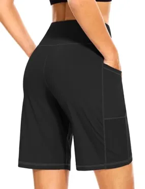 Blouty Women's 9" Bermuda Long Shorts with Pockets High Waisted Knee Length Shorts for Women Workout Athletic Casual (White Leaf, Medium)