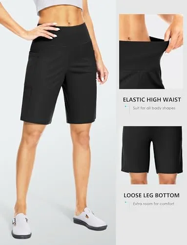 Blouty Women's 9" Bermuda Long Shorts with Pockets High Waisted Knee Length Shorts for Women Workout Athletic Casual (White Leaf, Medium)