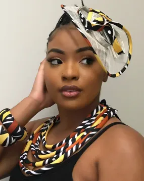 Bogolan African Print Fascinator Hair Clip Hat - Brown / Yellow / Black