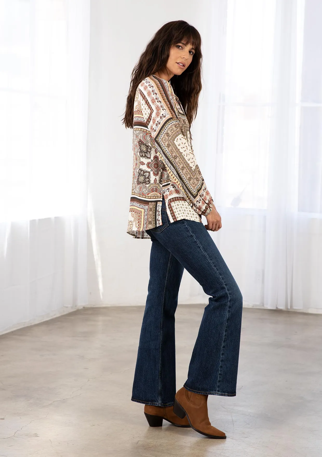 Boho Patchwork Print Flowy Long Sleeve Top