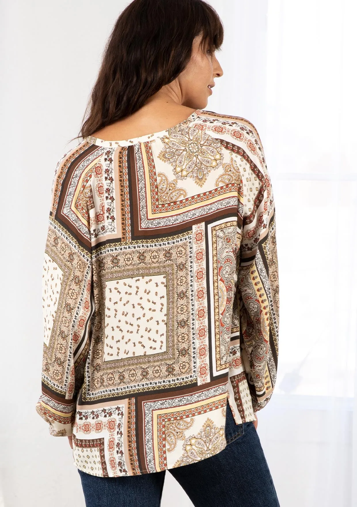 Boho Patchwork Print Flowy Long Sleeve Top