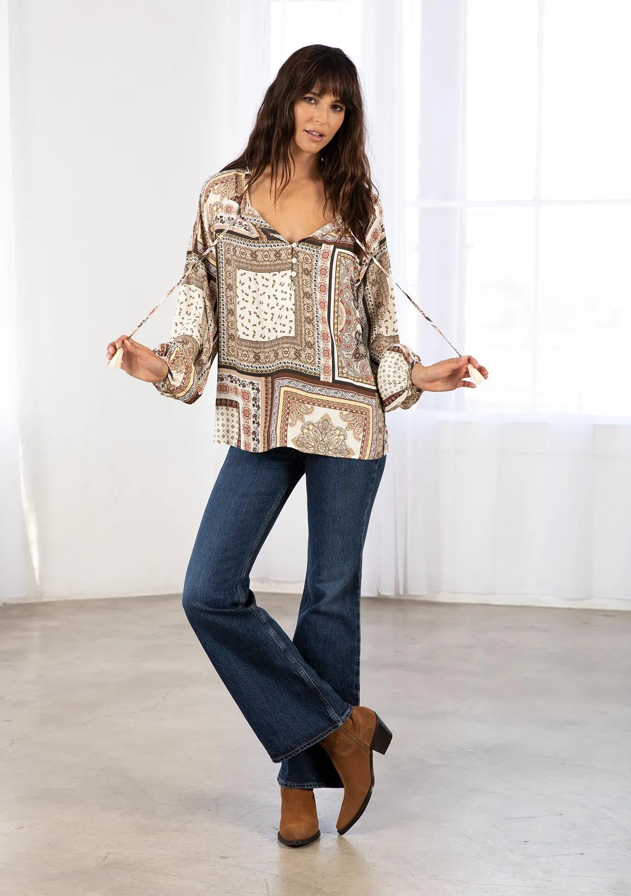 Boho Patchwork Print Flowy Long Sleeve Top