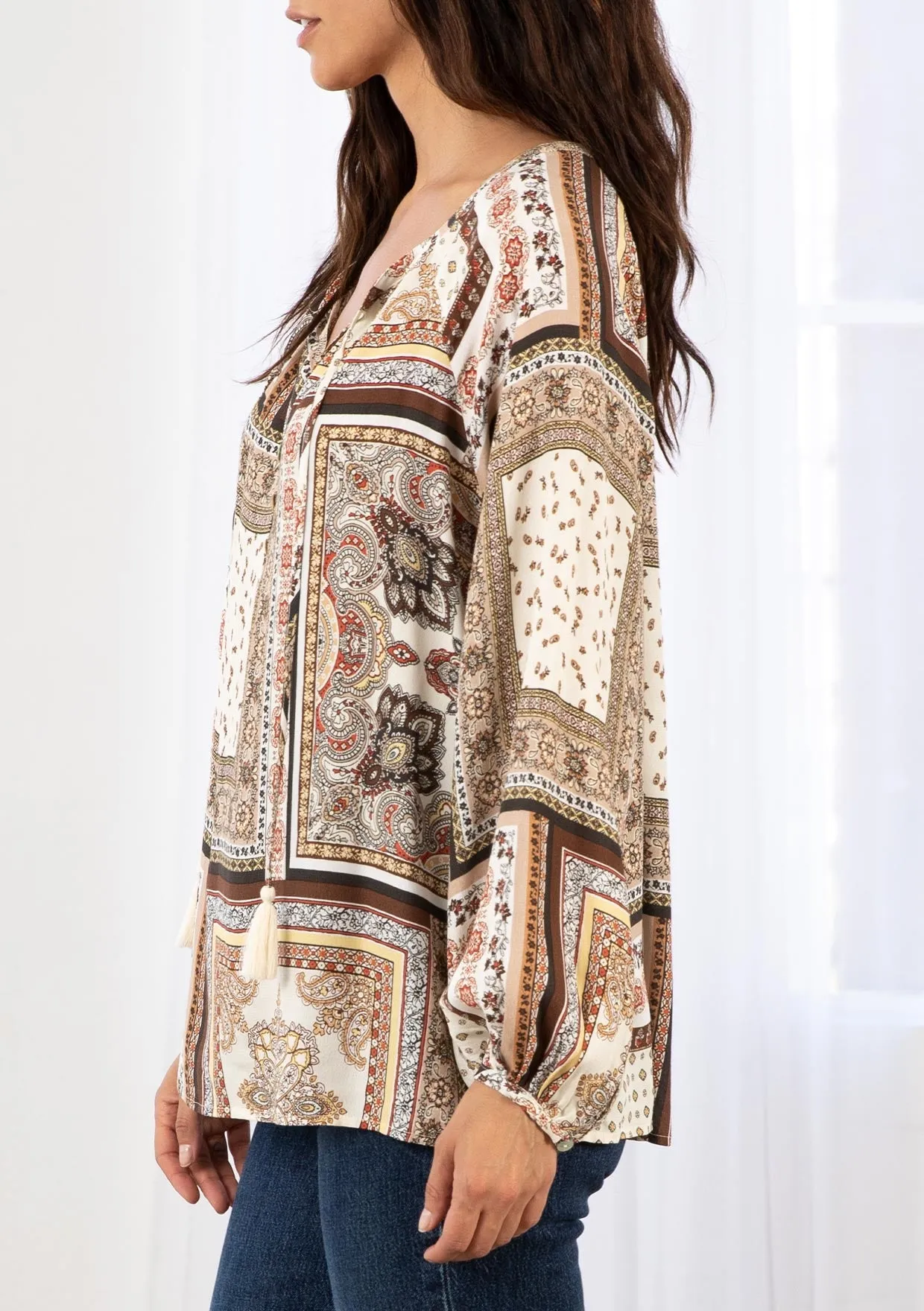 Boho Patchwork Print Flowy Long Sleeve Top