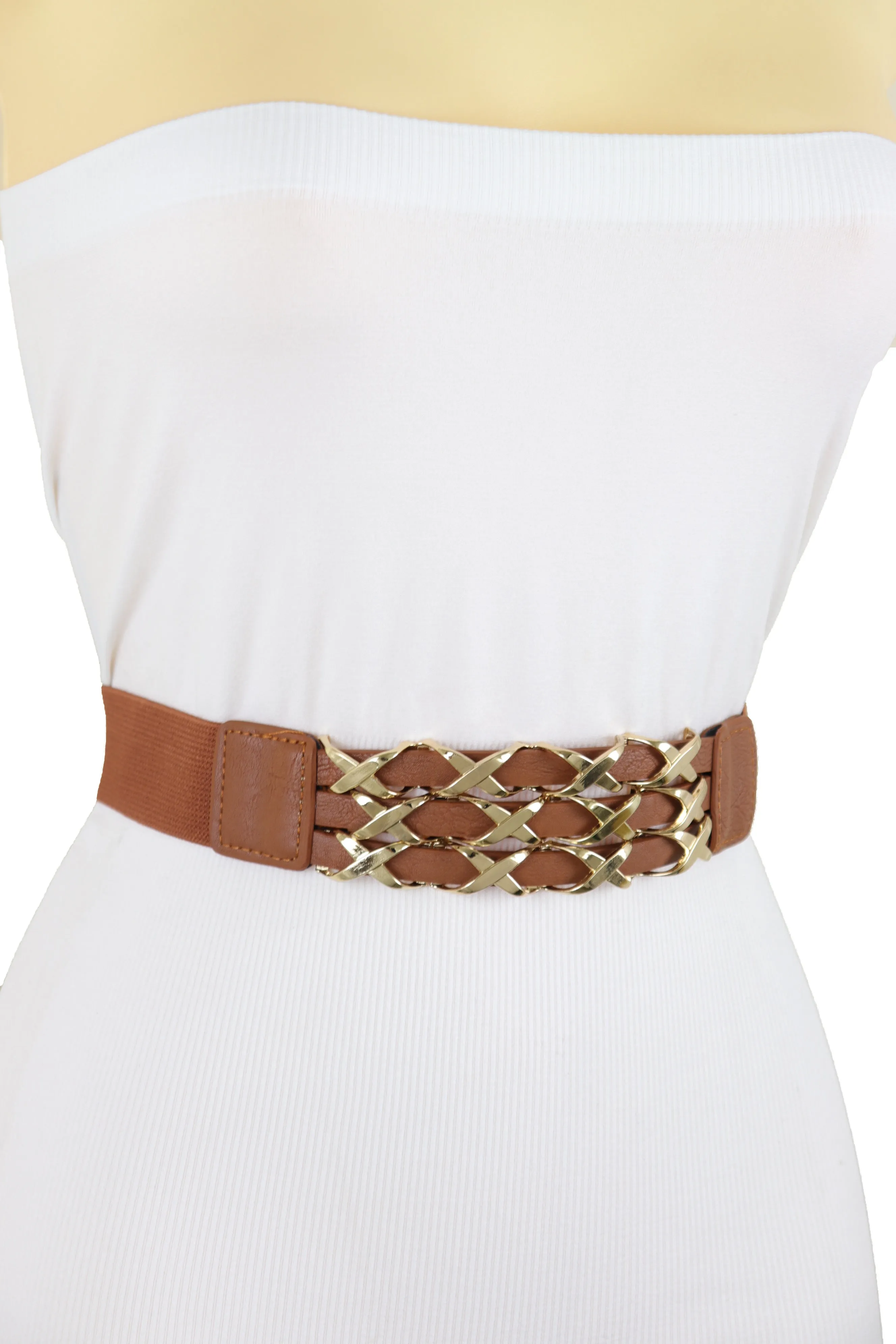 Brown Elastic Fashion Belt Gold Metal XX Charms Fit Size S M
