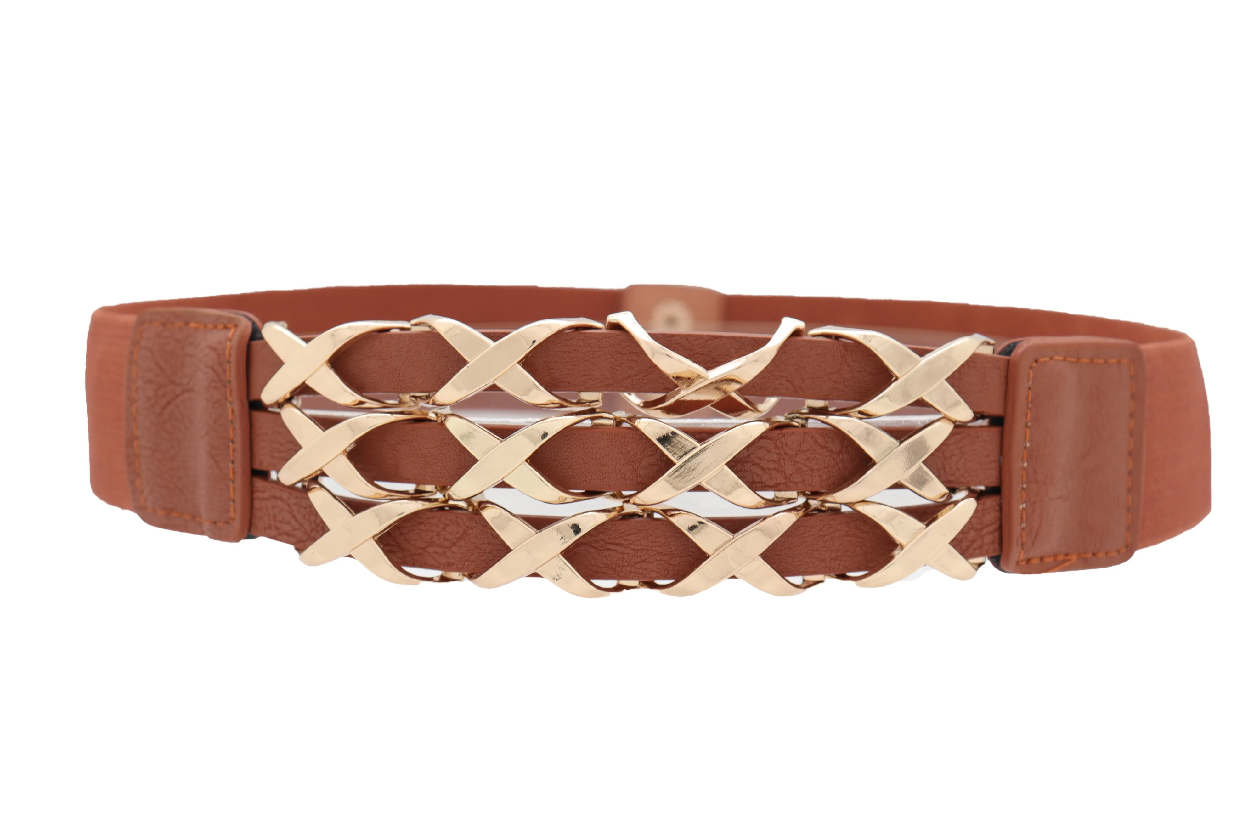 Brown Elastic Fashion Belt Gold Metal XX Charms Fit Size S M