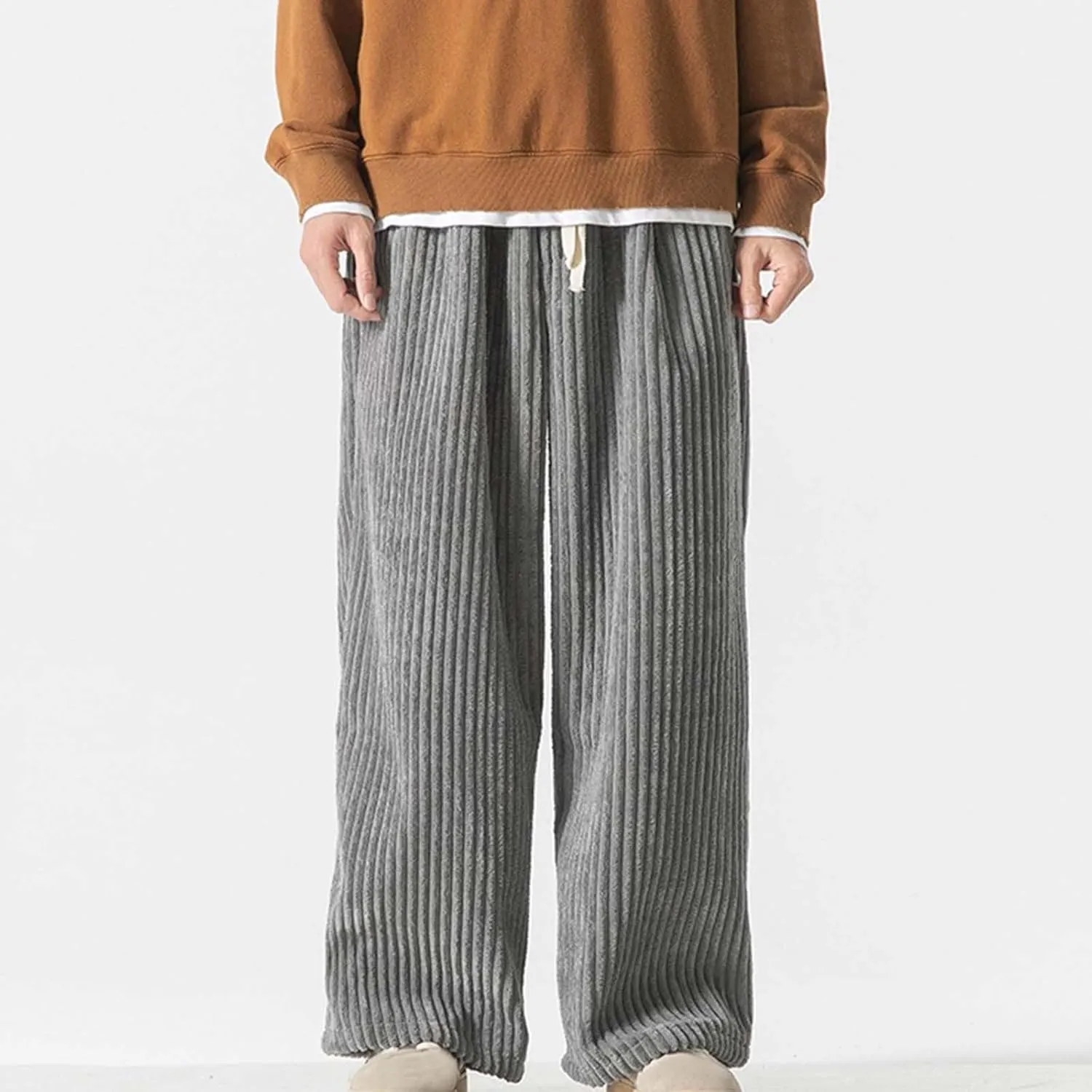 Corduroy Pants for Men Plus Size Loose Elastic Waist Drawstring Wide Leg Trouser Casual Fashion Light Plus Size Pant