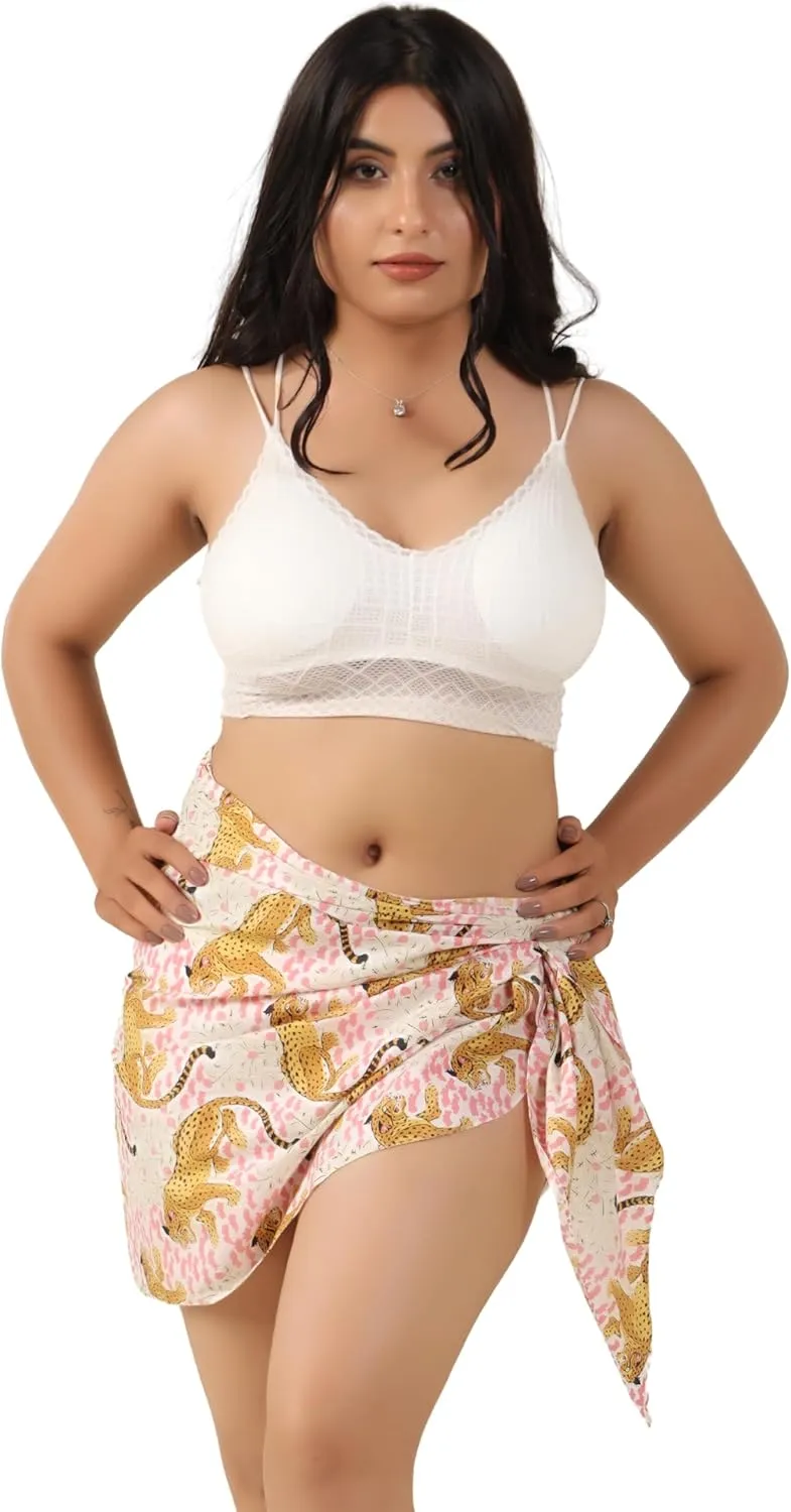 Cotton Sarong Coverup for Women Indian Floral Print Swimsuit Pareo Wrap Skirt Beach Bikini Cover Up Short (63" x 19")