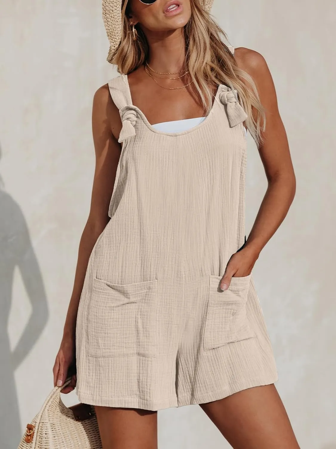 CUPSHE Women's Summer Sleeveless Overall Adjustable Loose Jumpsuit Beach Romper Travel Vacation Outfits with Pockets