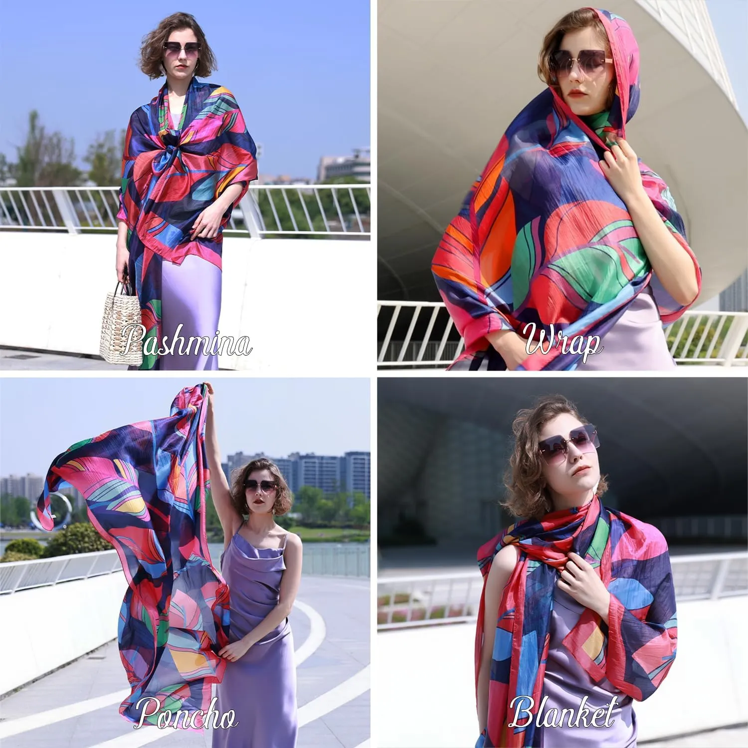 DANA XU Women's 100% Mulberry Satin Silk Pashmina Shawl Wraps Extra Large Floral Scarf for Evening Dresses, Soft Oversized