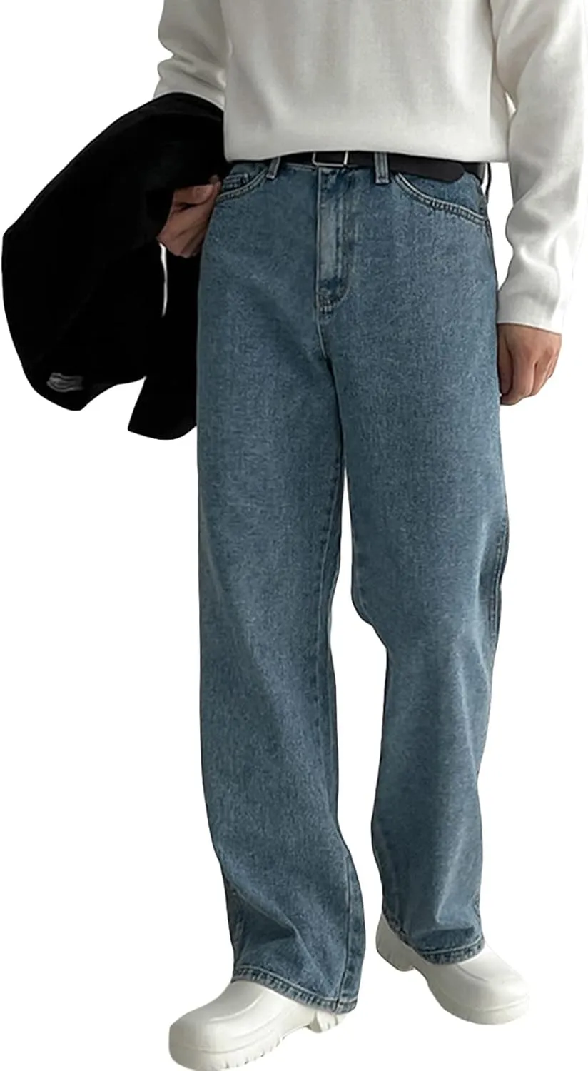 DGKaxiyaHM Men's Straight Plus Size Casual Wide Leg Jeans Comfort Relaxed Fit Stretch Denim Pants Regular Big and Tall Jeans (Light Blue,Medium,5,OZ)