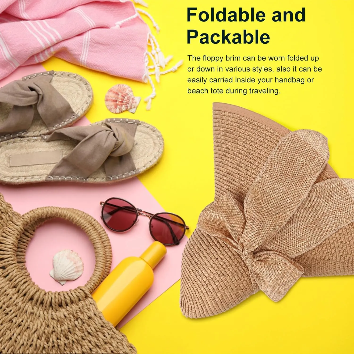 DRESHOW Beach Hats for Women Big Straw Wide Brim Summer Hat Floppy Foldable Roll up Cap Sun Hat UPF 50 