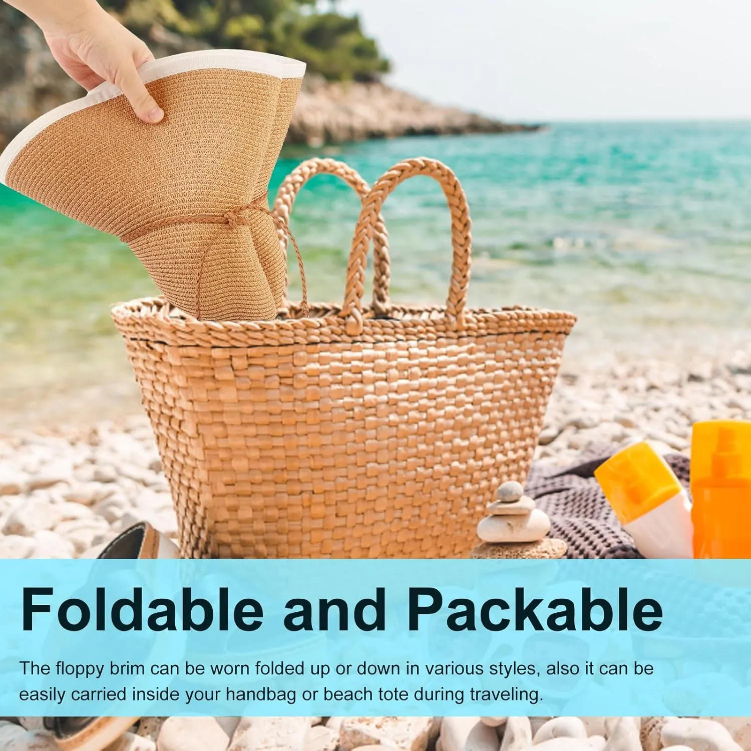DRESHOW Beach Hats for Women Big Straw Wide Brim Summer Hat Floppy Foldable Roll up Cap Sun Hat UPF 50 