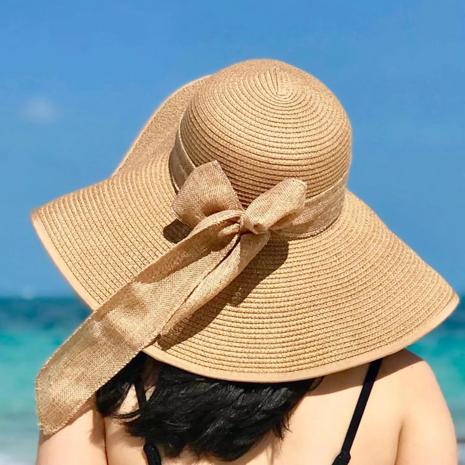 DRESHOW Beach Hats for Women Big Straw Wide Brim Summer Hat Floppy Foldable Roll up Cap Sun Hat UPF 50 