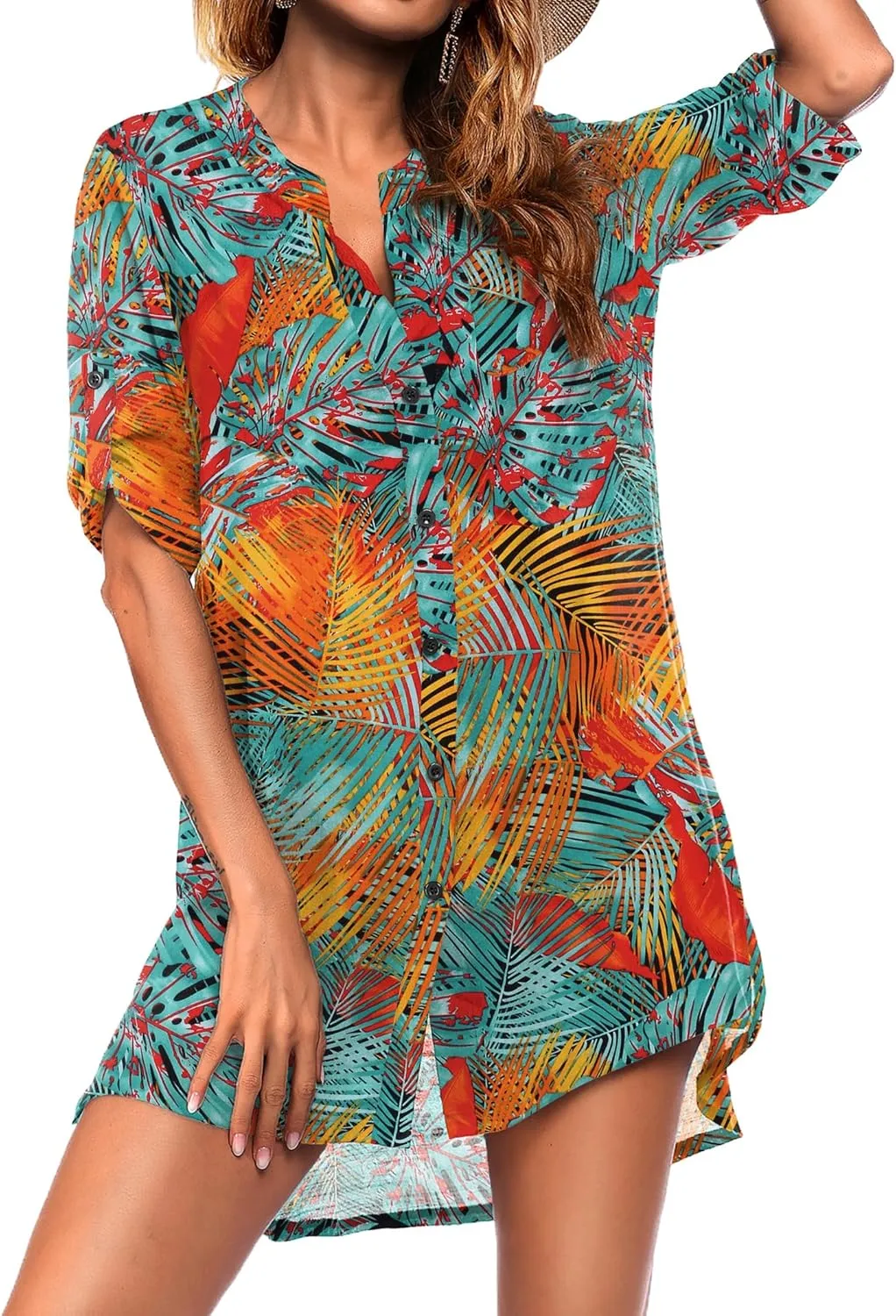 Ekouaer Bathing Suit Cover Up for Women V Neck Button Down Swimsuit Coverup Beach Dress Shirt S-3XL