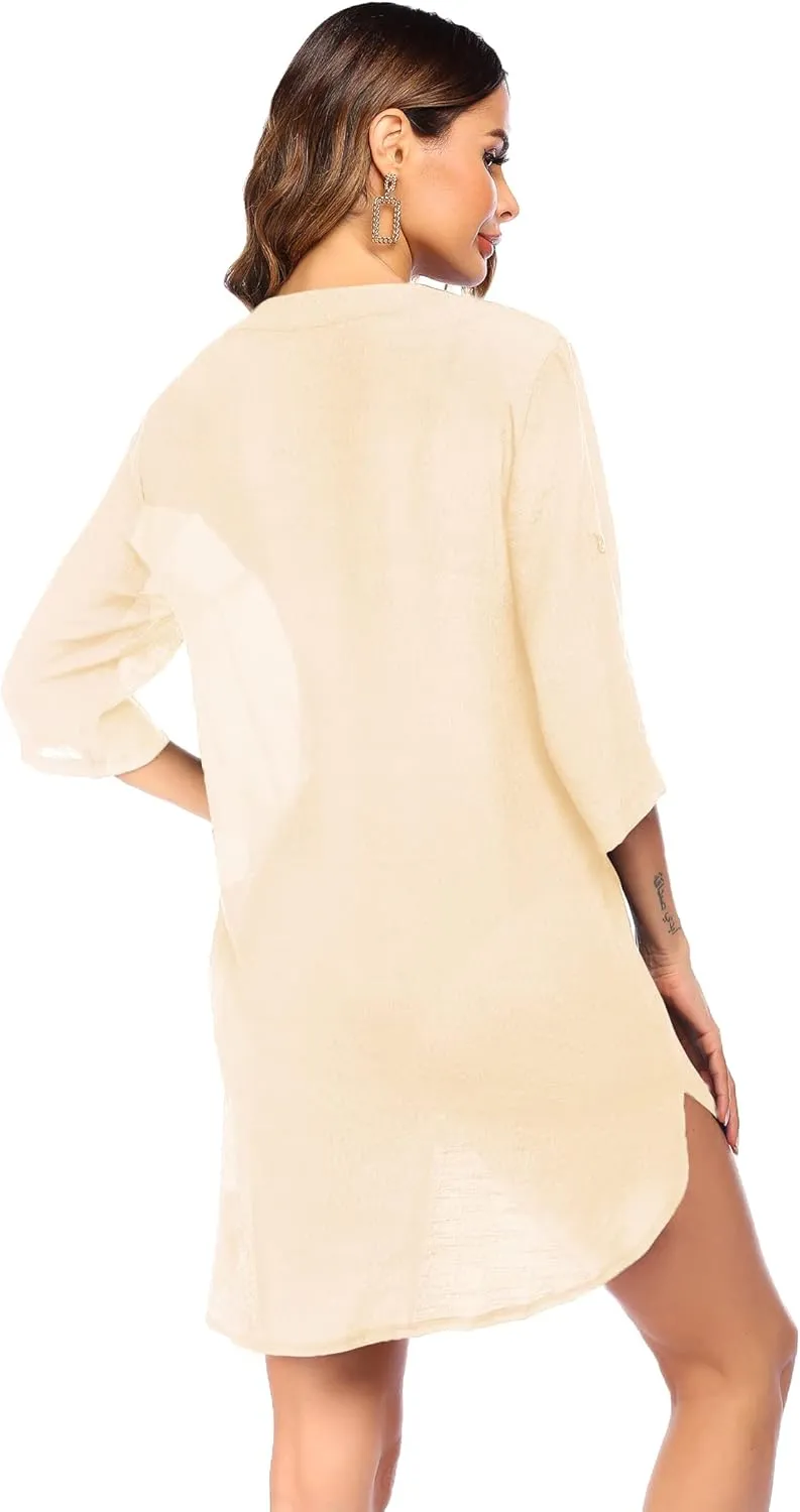 Ekouaer Bathing Suit Cover Up for Women V Neck Button Down Swimsuit Coverup Beach Dress Shirt S-3XL