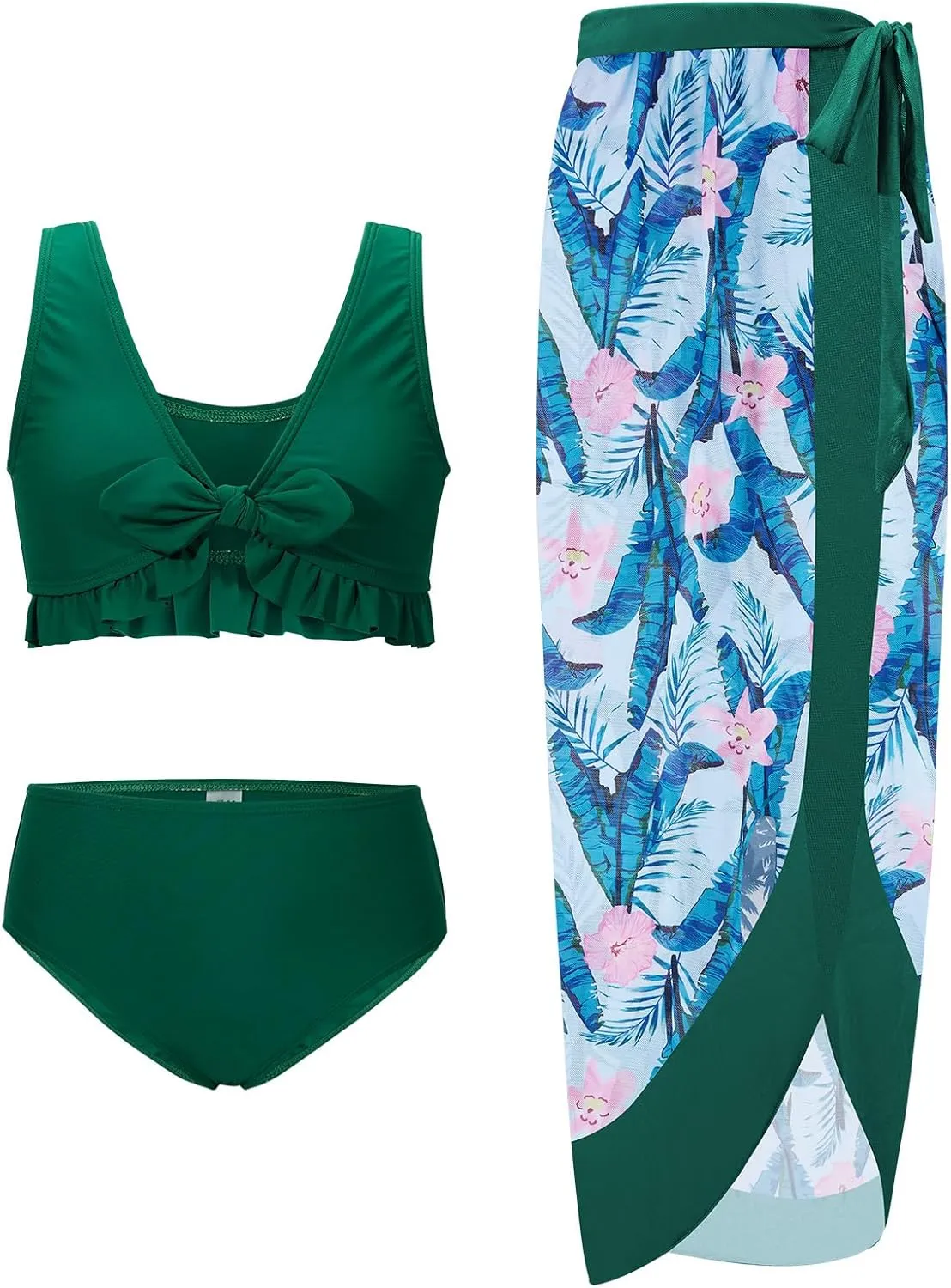 ESHOO Girls Swimsuits 3 Piece Bikinis Sets with Cover Up Skirt Warp Bathing Suit Beach Swimwear for Teen Girls 10-14 Years