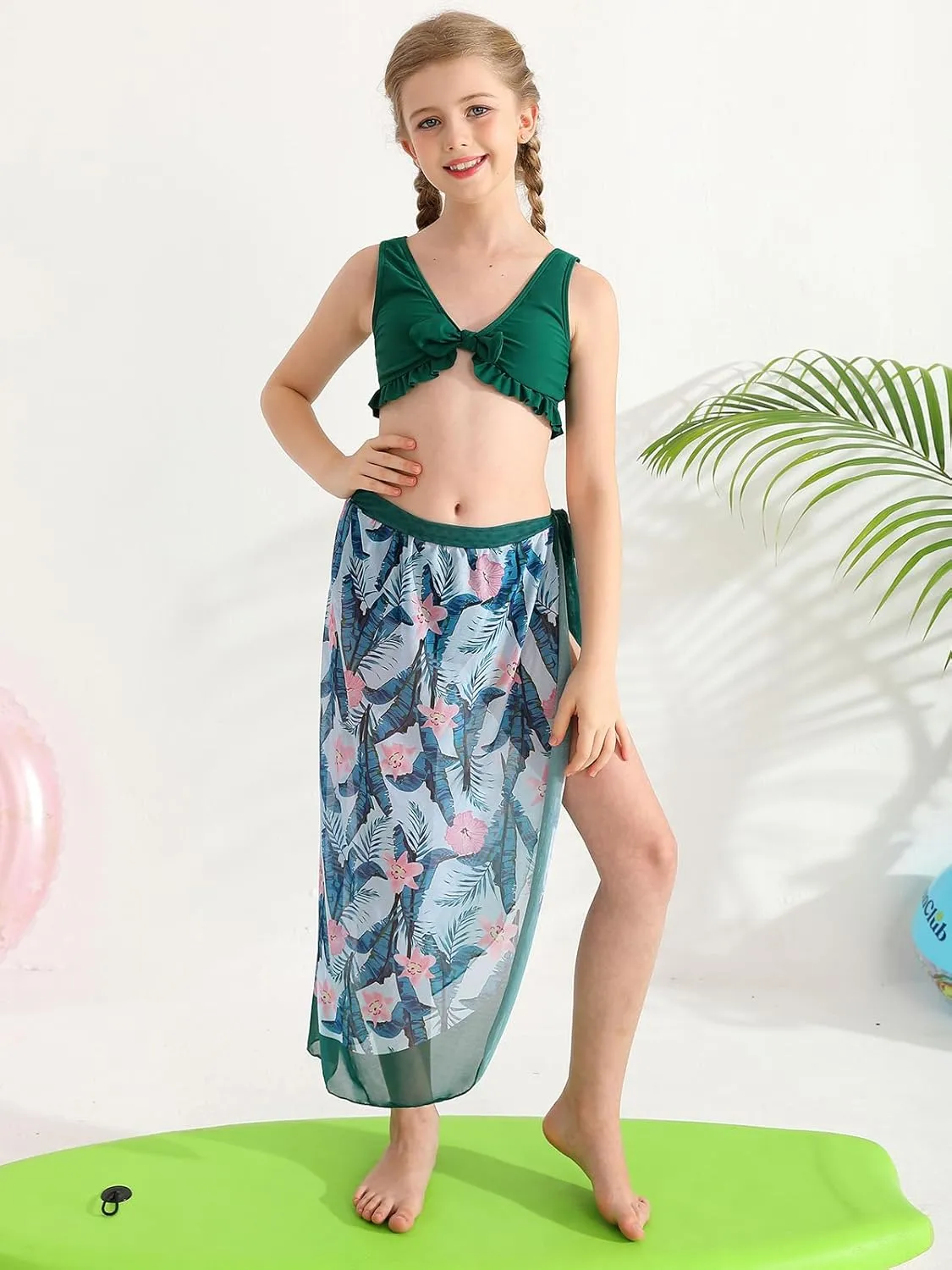 ESHOO Girls Swimsuits 3 Piece Bikinis Sets with Cover Up Skirt Warp Bathing Suit Beach Swimwear for Teen Girls 10-14 Years