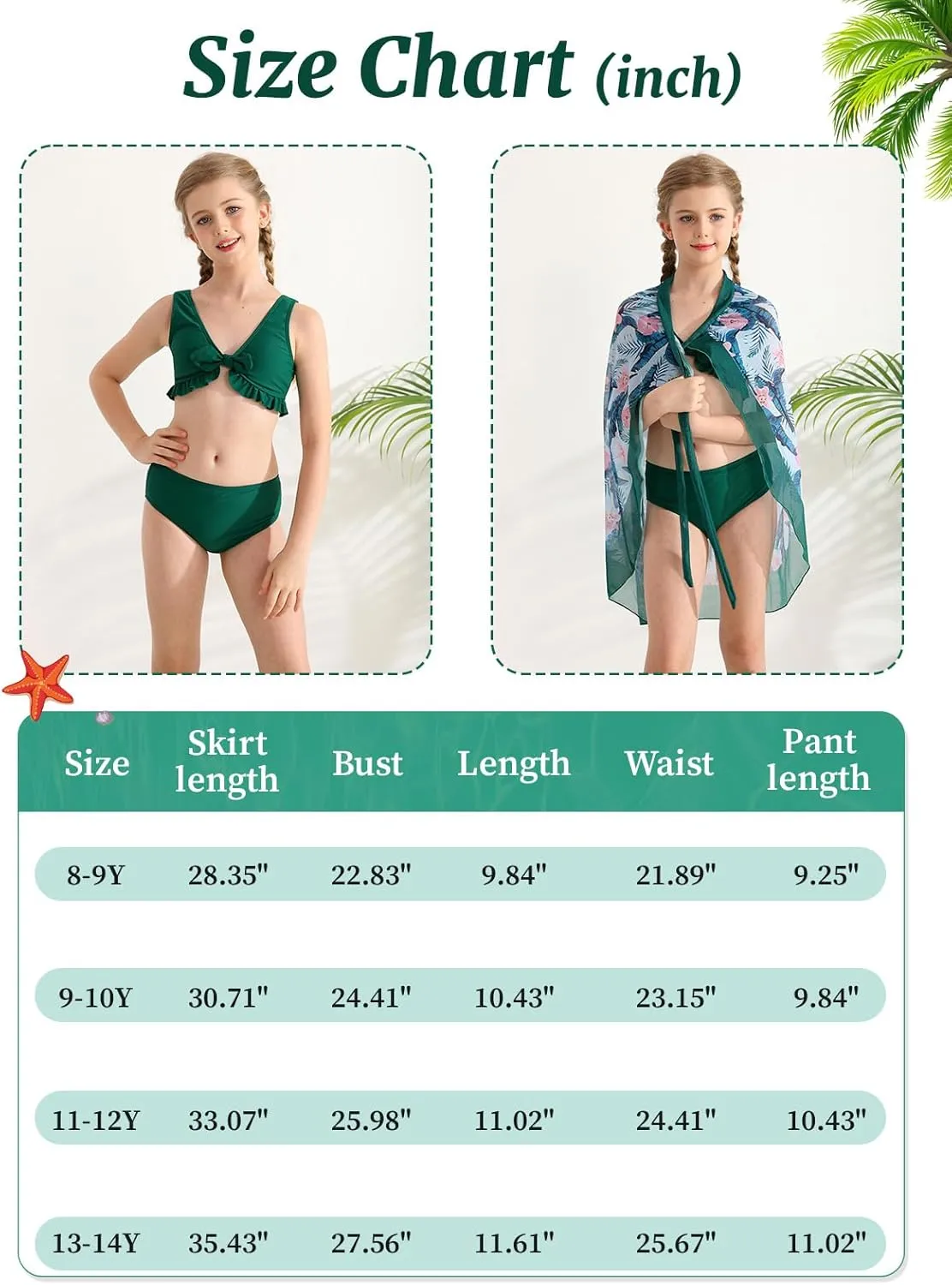 ESHOO Girls Swimsuits 3 Piece Bikinis Sets with Cover Up Skirt Warp Bathing Suit Beach Swimwear for Teen Girls 10-14 Years