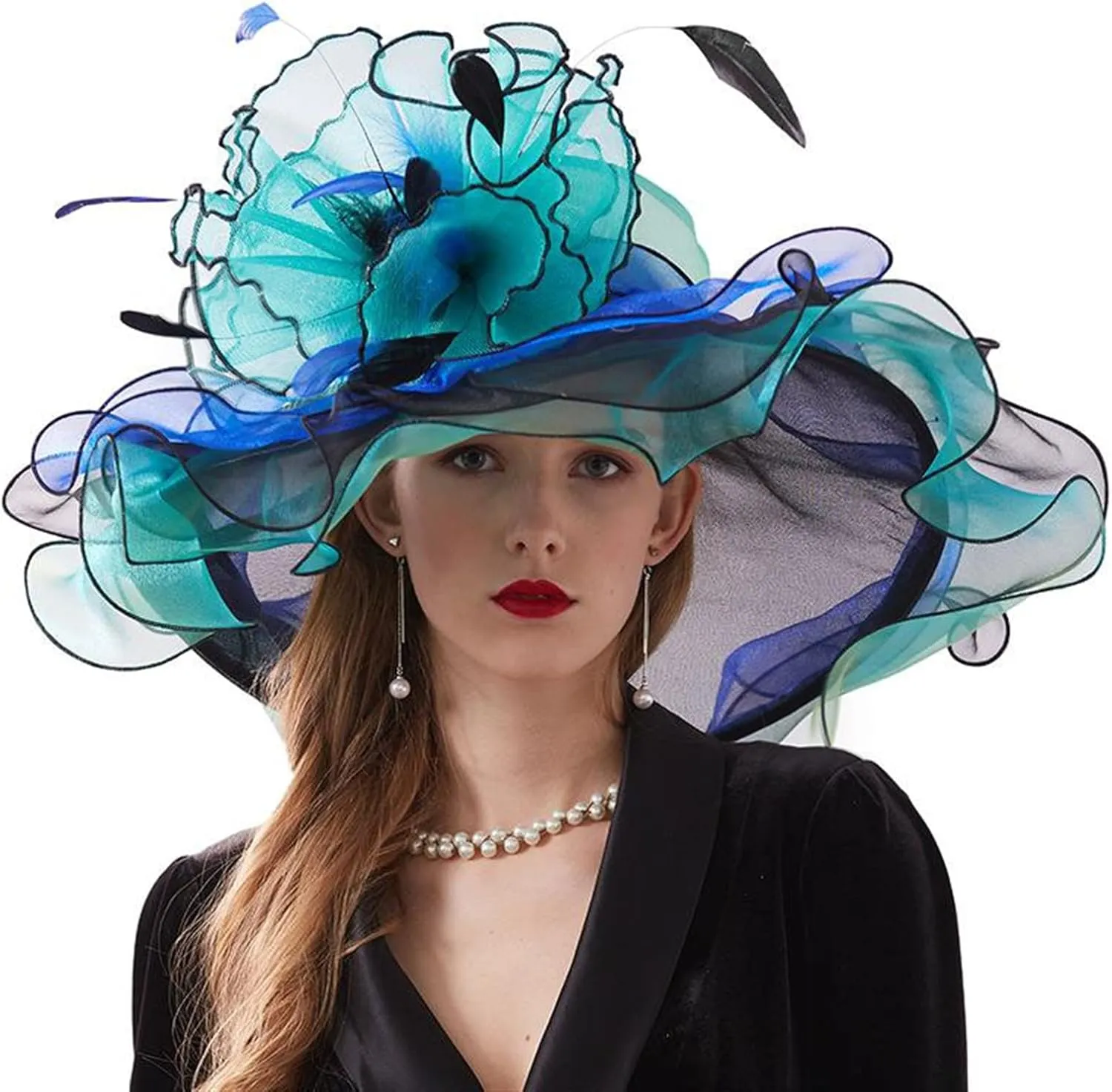 GIBZ Women's Translucent Fascinator Hats Extra Large Brim Tulle 1920s Sun Hat with Flower for Tea Party Church Wedding