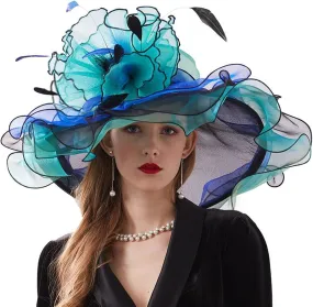 GIBZ Women's Translucent Fascinator Hats Extra Large Brim Tulle 1920s Sun Hat with Flower for Tea Party Church Wedding
