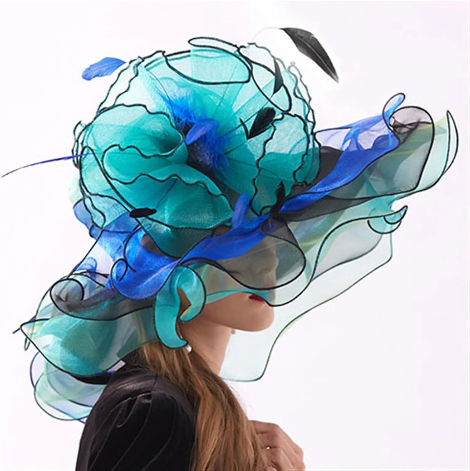 GIBZ Women's Translucent Fascinator Hats Extra Large Brim Tulle 1920s Sun Hat with Flower for Tea Party Church Wedding