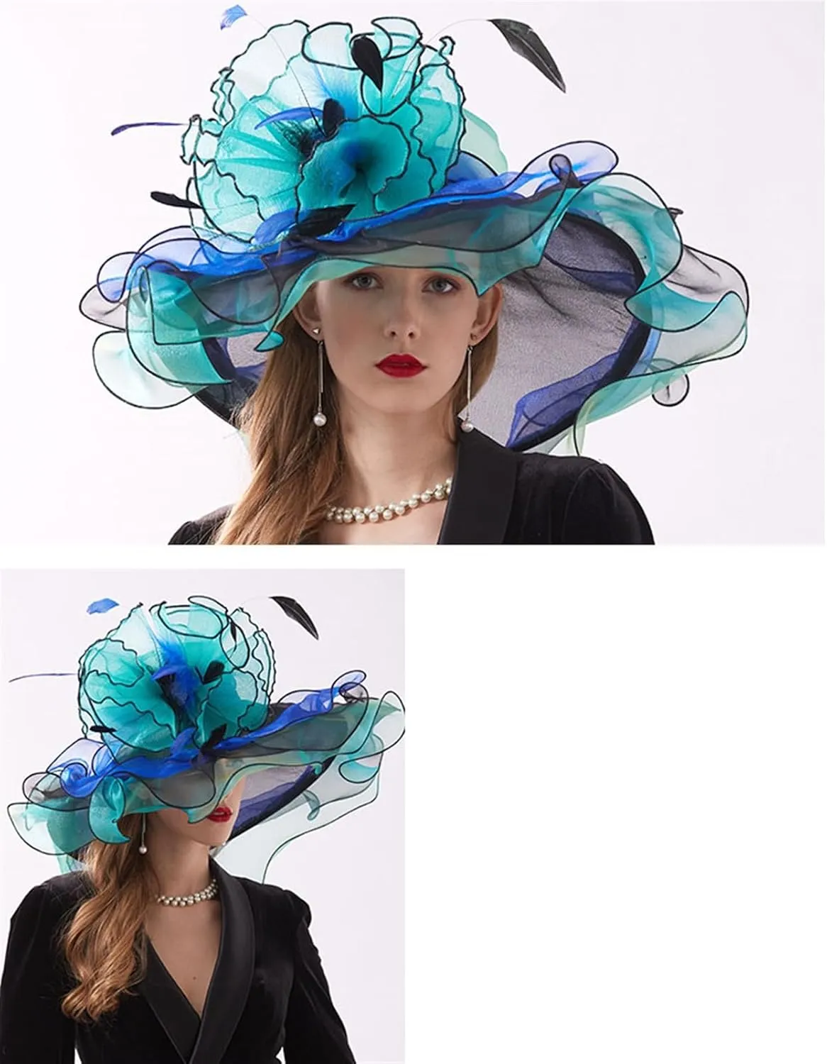 GIBZ Women's Translucent Fascinator Hats Extra Large Brim Tulle 1920s Sun Hat with Flower for Tea Party Church Wedding