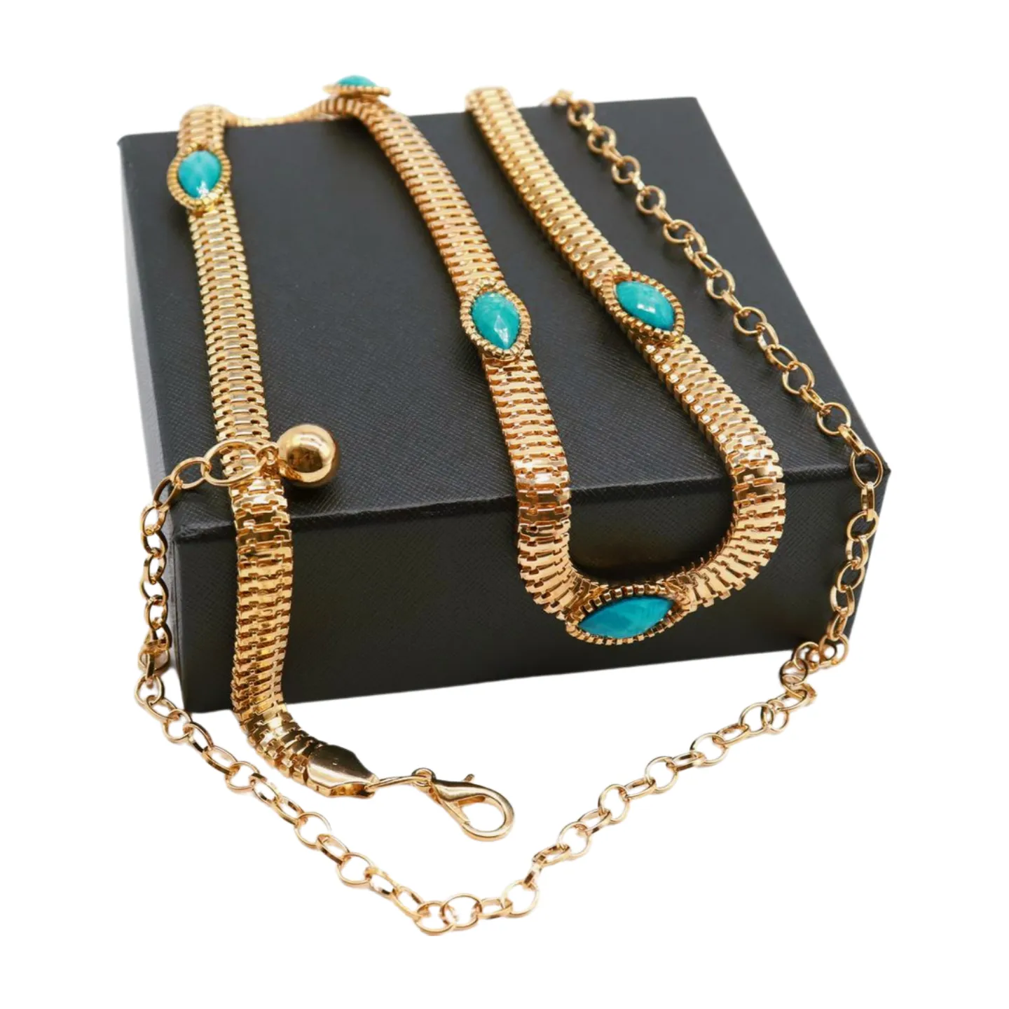 Gold Metal Chain Belt Turquoise Blue Beads S M L