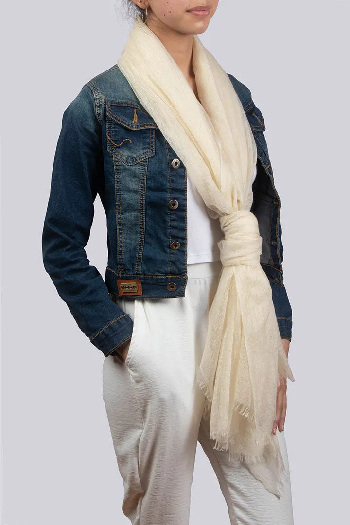 Handwoven Pure Cashmere Scarf Shawl in Ivory