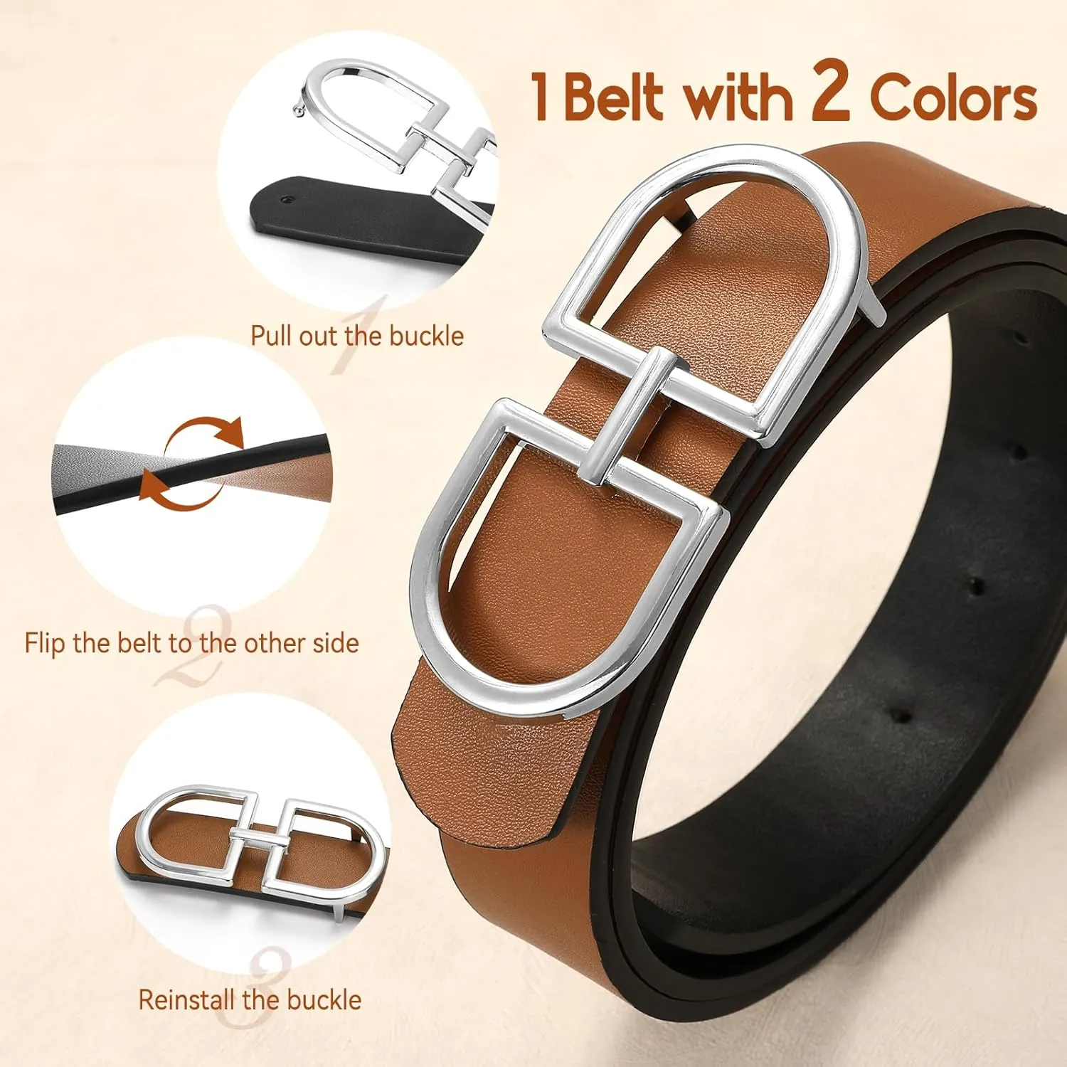IAKING Reversible Leather Belt for Women With Gold Buckle Ladies Two-in-One Leather Womens Belt for Jeans Pants Dresses