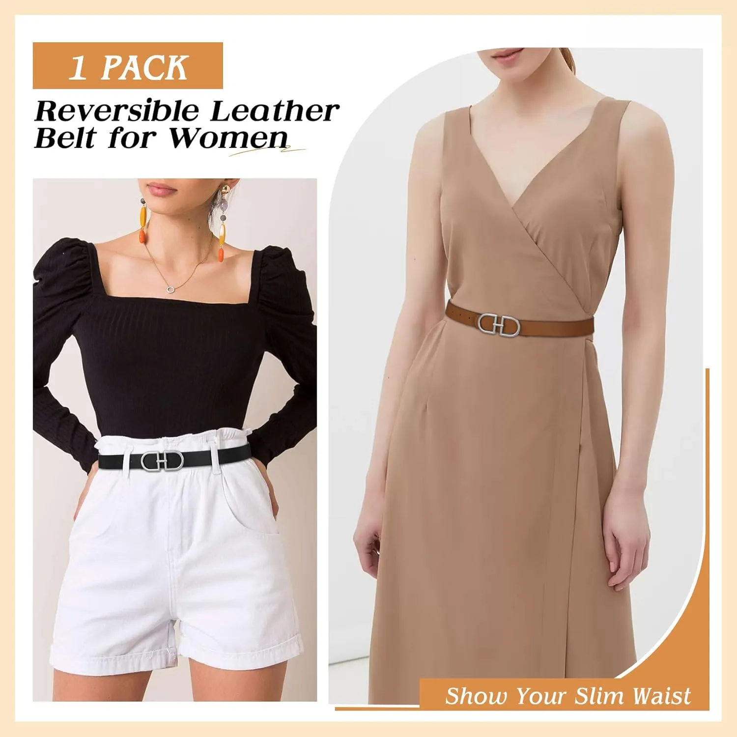 IAKING Reversible Leather Belt for Women With Gold Buckle Ladies Two-in-One Leather Womens Belt for Jeans Pants Dresses