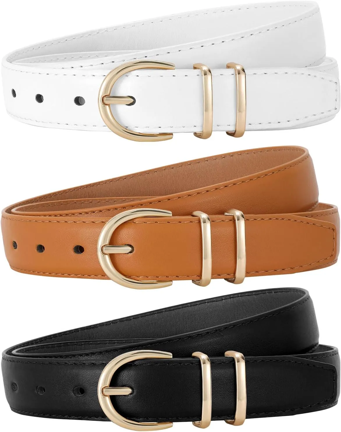 JASGOOD 3 Pack Women Leather Belt for Jeans Pants Gold Buckle Ladies Leather Belt