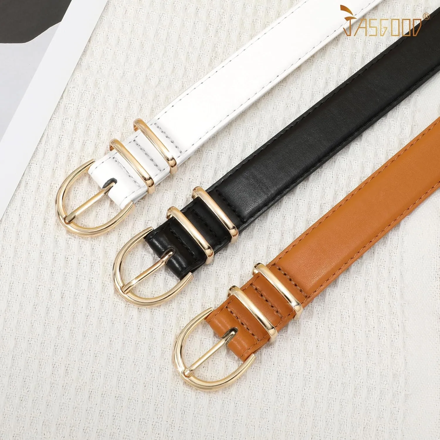 JASGOOD 3 Pack Women Leather Belt for Jeans Pants Gold Buckle Ladies Leather Belt