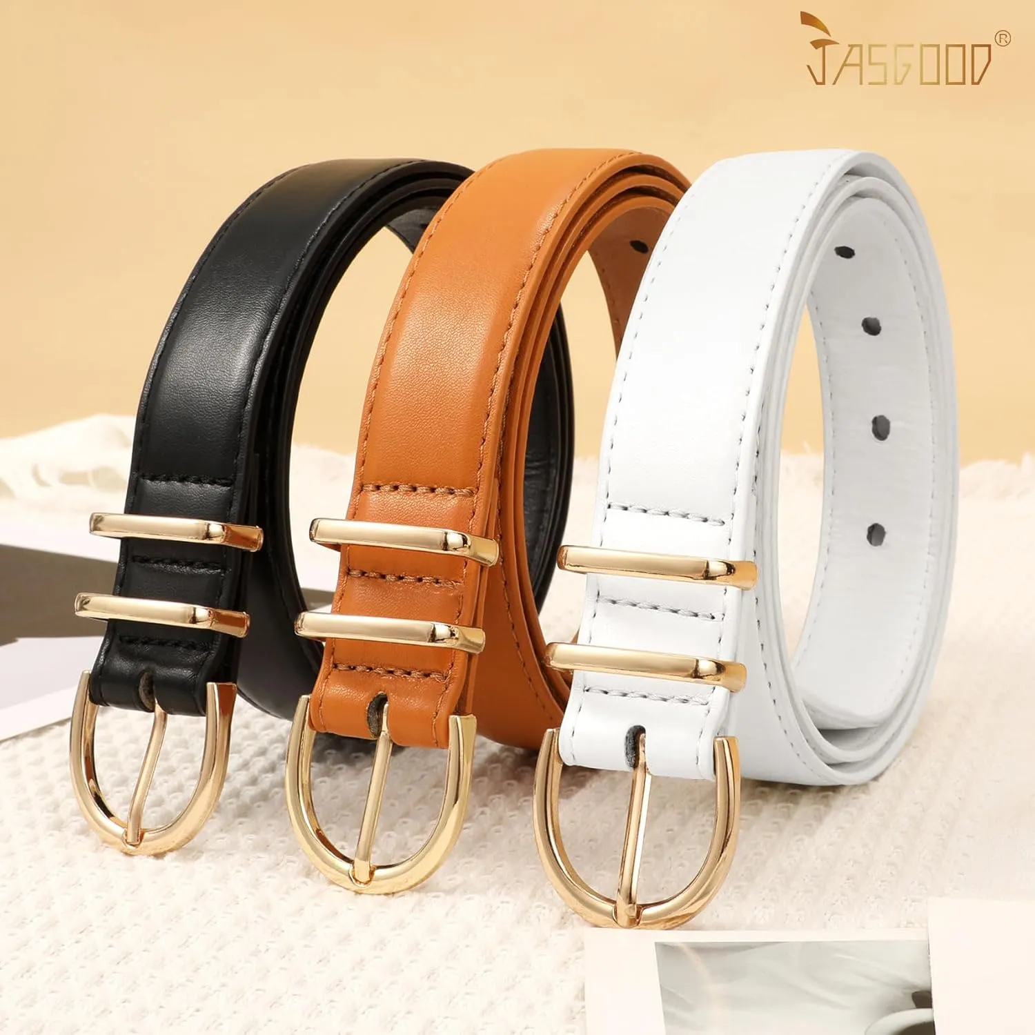JASGOOD 3 Pack Women Leather Belt for Jeans Pants Gold Buckle Ladies Leather Belt