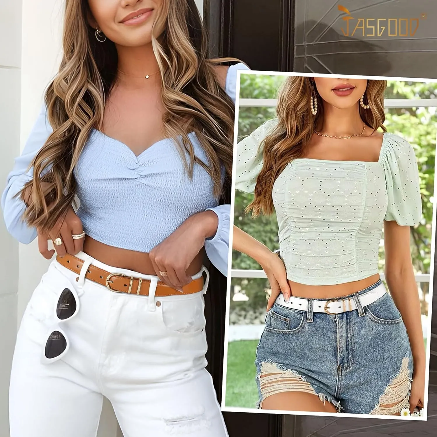 JASGOOD 3 Pack Women Leather Belt for Jeans Pants Gold Buckle Ladies Leather Belt