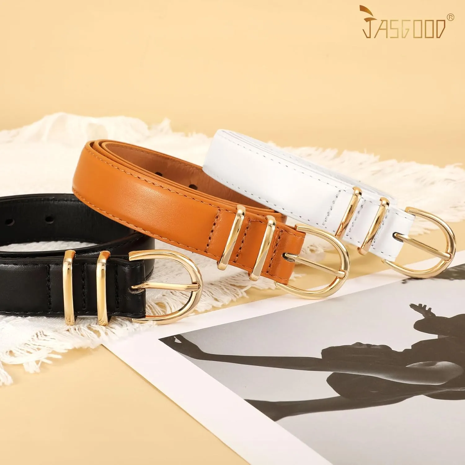 JASGOOD 3 Pack Women Leather Belt for Jeans Pants Gold Buckle Ladies Leather Belt