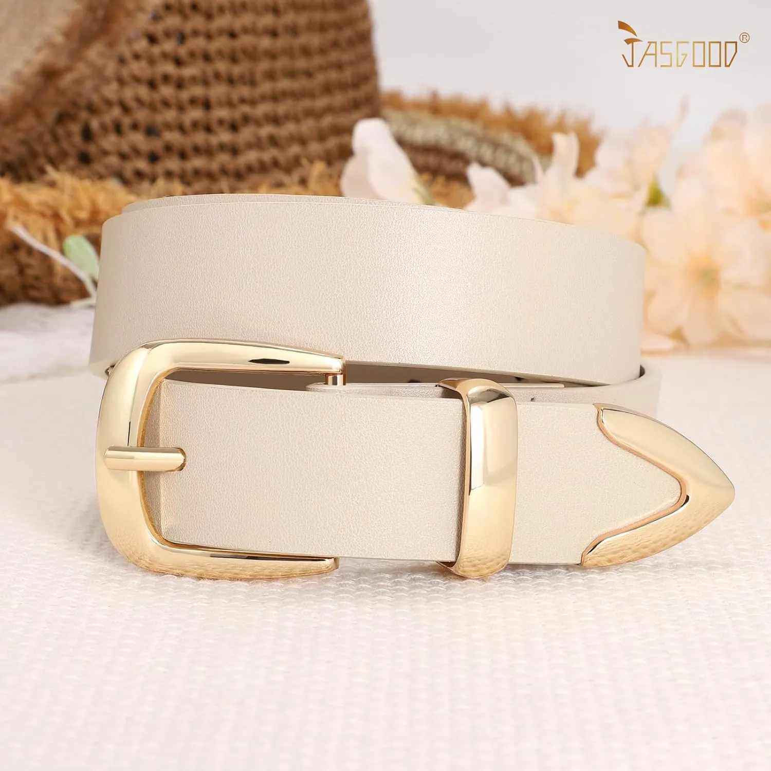 JASGOOD Women's Fashion Leather Belt Ladies Gold Buckle Leather Belt for Jeans Pants Dresses