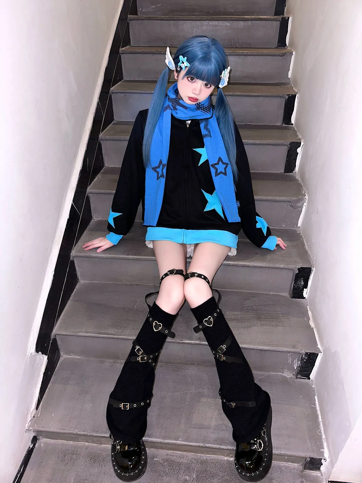 Jirai Kei Bicolor Scarf Printed Knitted Long Scarf