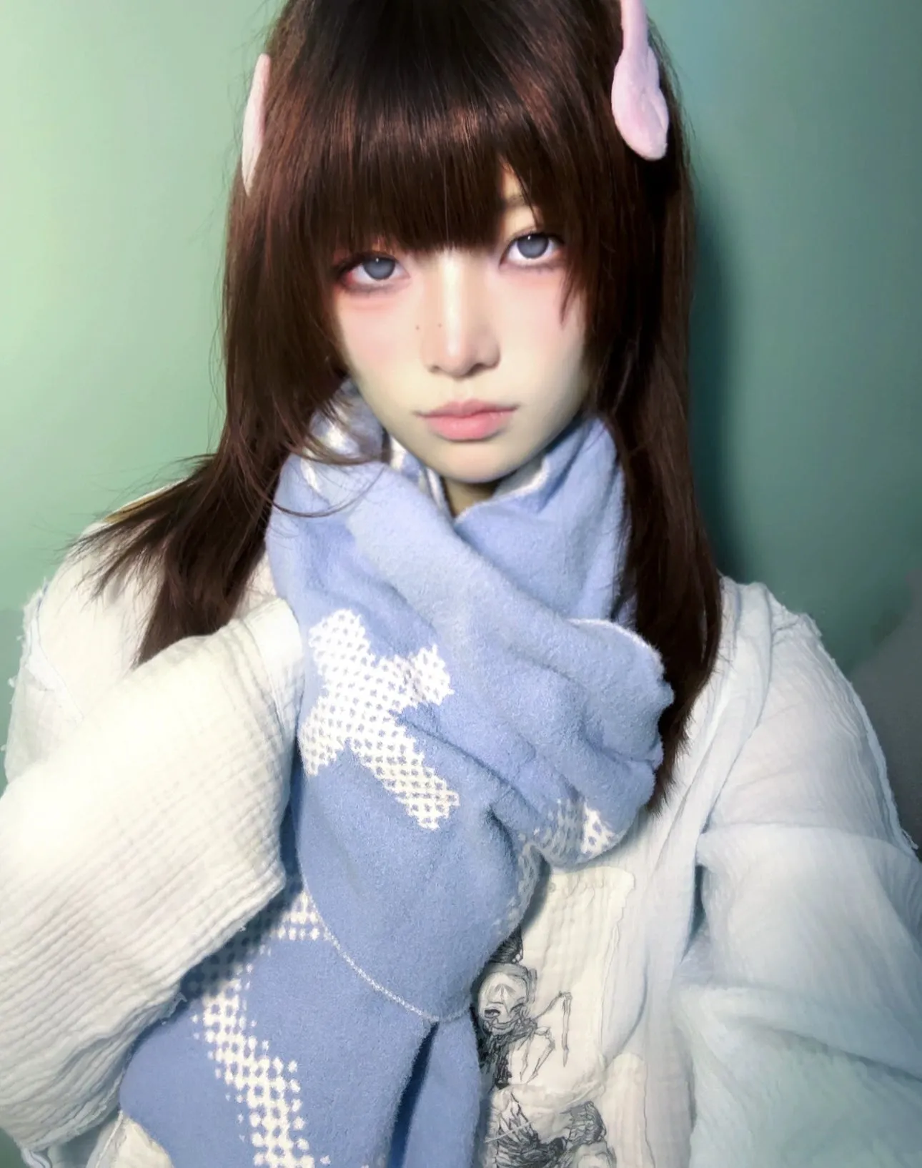Jirai Kei Bicolor Scarf Printed Knitted Long Scarf