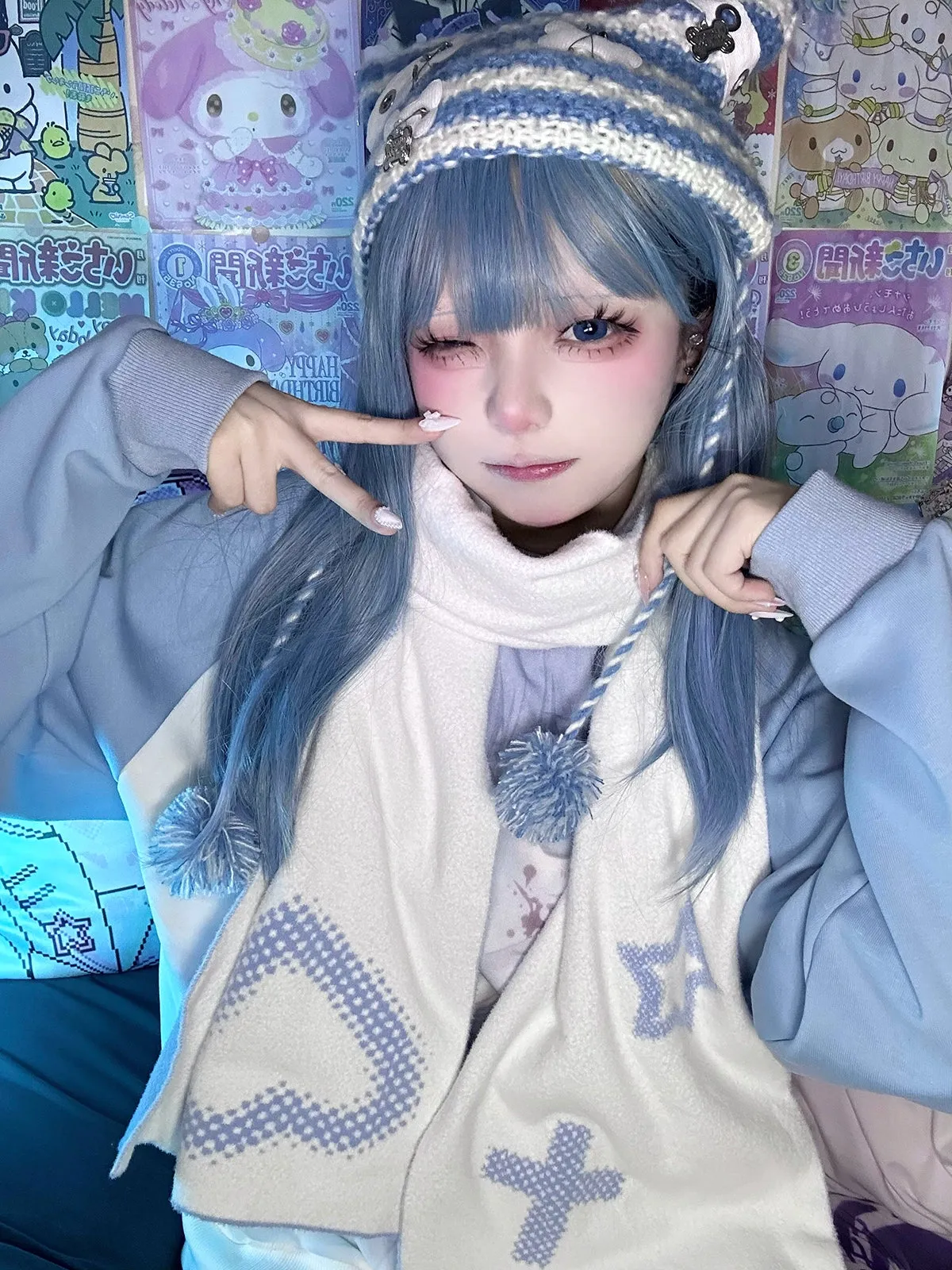 Jirai Kei Bicolor Scarf Printed Knitted Long Scarf