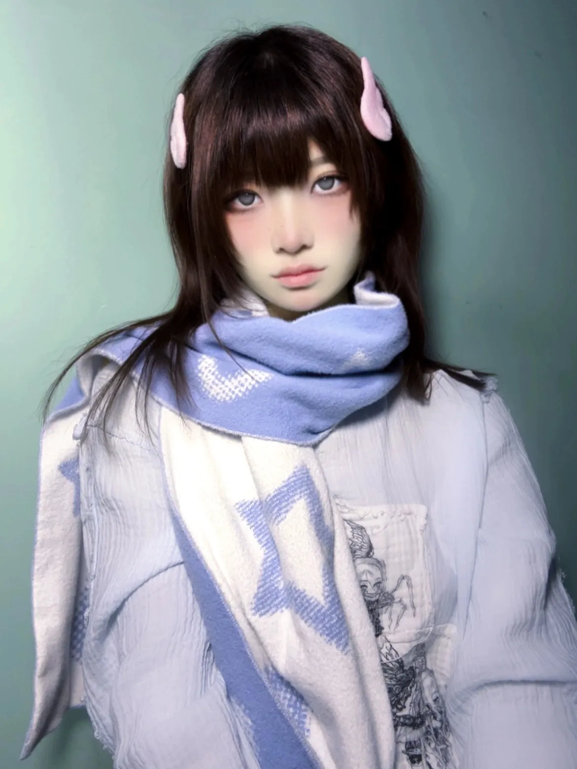 Jirai Kei Bicolor Scarf Printed Knitted Long Scarf