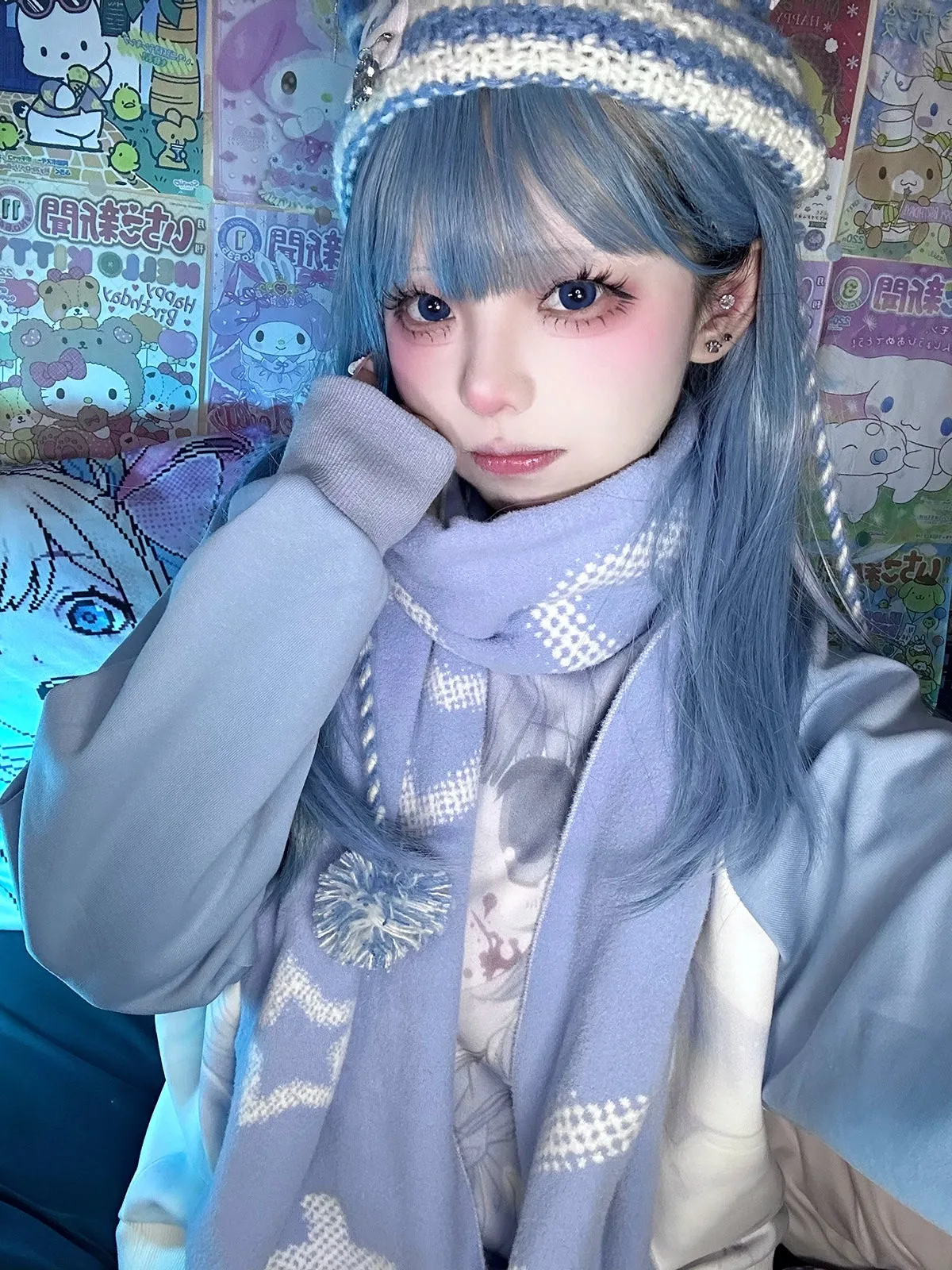 Jirai Kei Bicolor Scarf Printed Knitted Long Scarf