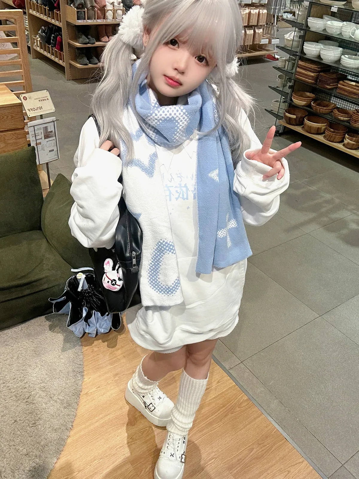 Jirai Kei Bicolor Scarf Printed Knitted Long Scarf