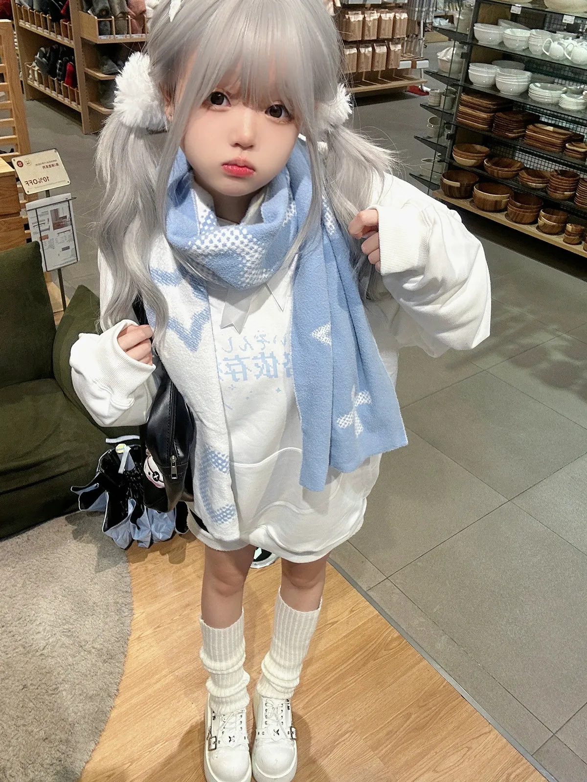 Jirai Kei Bicolor Scarf Printed Knitted Long Scarf